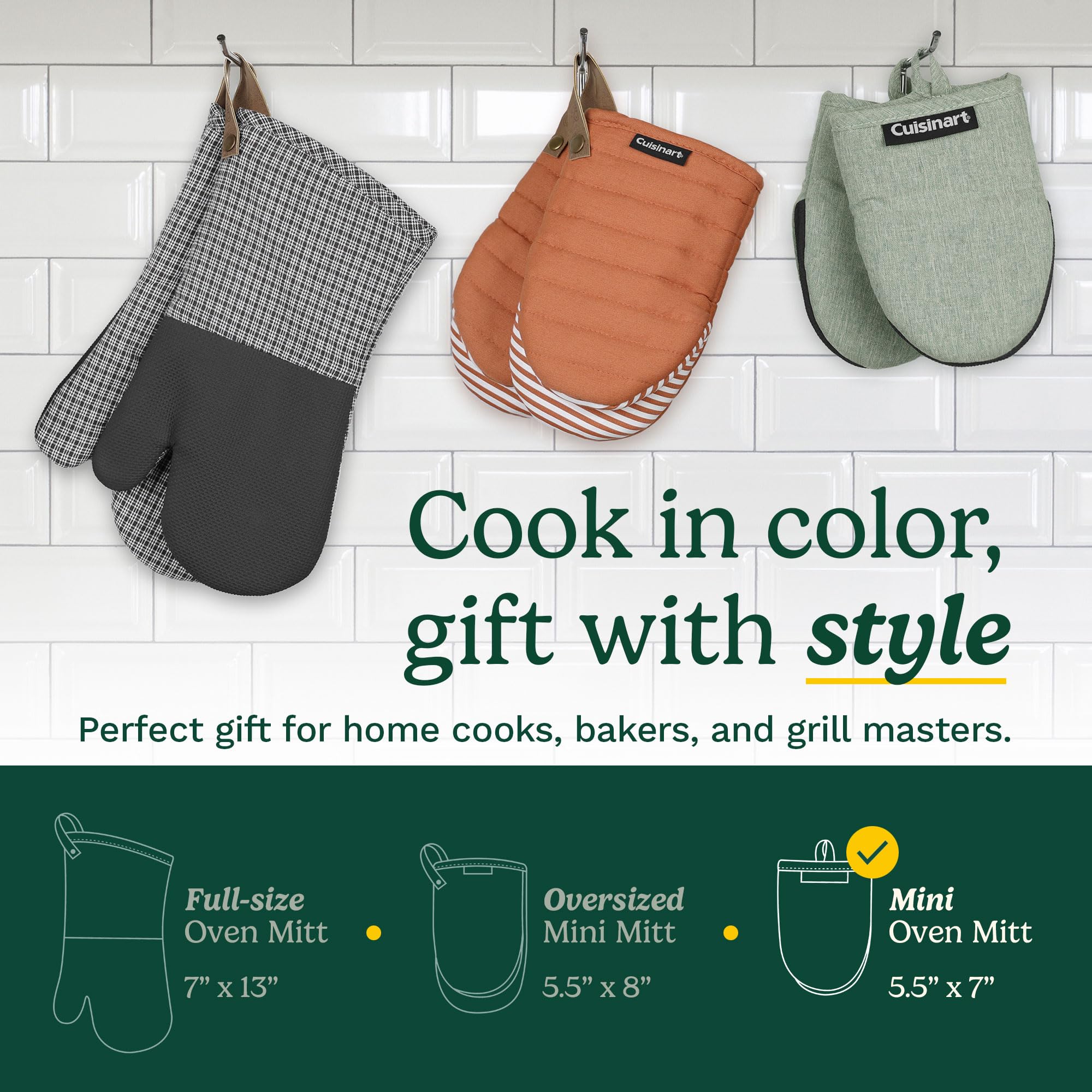 Cuisinart Heritage Mini Oven Mitts – 5.5” x 7” Heat-Resistant Kitchen Mitts for Oven with Non-Slip Neoprene Palm, Cotton Filling, and Faux Leather Loop – Durable Oven Mitt Set for Cooking & Baking - Image 6